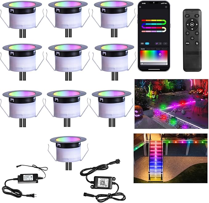 Recessed Smart Deck Lights Kit, 10 Pack Ø 1.77" RGBW+IC Multicolor Dynamic Low Voltage Landscape Lights IP67 | Lumora