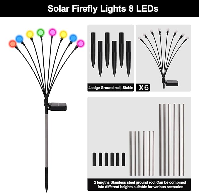 Swaying Solar Lights for Outside, 8 Mode RGB Color Changing Firefly Outdoor Waterproof, Swaying Solar Garden Lights Stakes for Christmas Holiday Yard Patio Garden Decor 6 Pack(Multicolor)