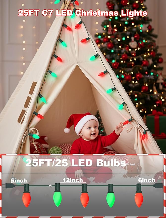 C7 Outdoor Christmas Lights - 25ft Red and Green Christmas Lights with 27 Ceramic Bulbs(2 Spare), Waterproof Extendable Christmas Tree Lights for Indoor Party Backyard Xmas Light,Green Wire