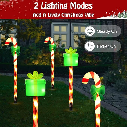 Lewondr Solar Christmas Pathway Lights, 5 PCS Solar Christmas Decorations Outdoor with 2 Lighting Modes, Cane and Gift Box Lights with Garden Stake, Waterproof Garden Yard Lawn Patio Holiday Decor