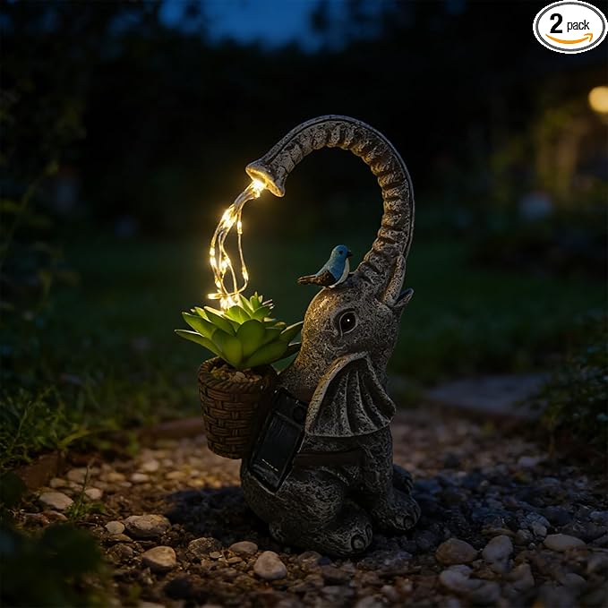 Solar Powered Garden Statue with LED Lights, Grey Stone Resin Elephant Planter, Decorative Outdoor Sculpture with Birds and Succulents,for Balcony, Garden, Patio, Yard, Lawn(Gray)