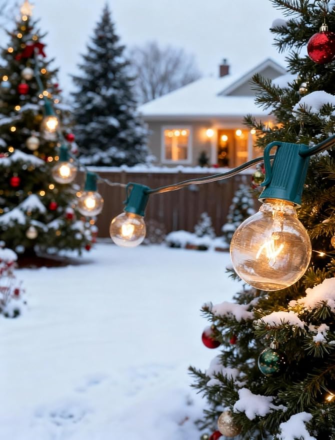 Outdoor String Lights 25 Ft G40 Patio Lights with 27 Edison Incandescent Bulbs,Weatherproof Connectable Hanging Christmas Lights for Backyard Porch Balcony Party Garden, Lawn Decor, Green Wire
