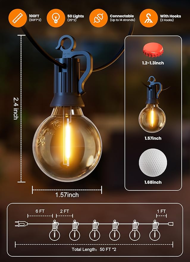 Outdoor String Patio Lights, 100FT 50 LED Patio Lights Waterproof, Connectable Shatterproof Hanging Outside String | Lumora
