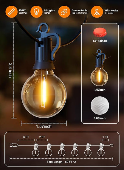 Outdoor String Patio Lights, 100FT 50 LED Patio Lights Waterproof, Connectable Shatterproof Hanging Outside String Light for Backyard, Porch, Deck, Balcony, Garden, House Decor, 2200K