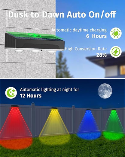 Solar Fence Lights Outdoor 12 Pack Upgraded High Brightness 3 LED Spot Lens Waterproof Deck Lights 7 Mode Warm&Cool White RGB Solar Powered Wall Lighting Decor for Outside Patio Step Backyard Railing