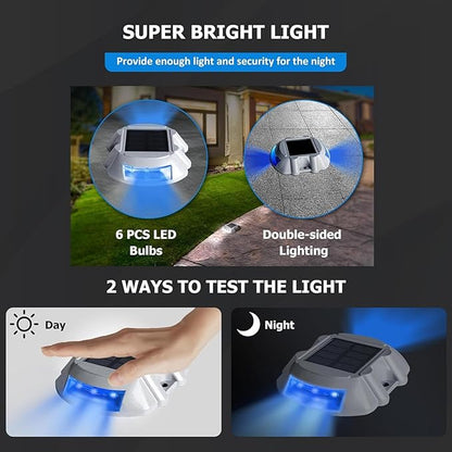 Solar Deck Lights LED Driveway Lights Solar Powered Dock Light Outdoor IP68 Waterproof Road Markers for Step Sidewalk Stair Boat Garden Ground Pathway Yard (Blue, 1 Pack)