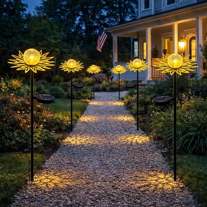 Solar Garden Lights Outdoor Decor, Metal Flower Stake Light with Warm White Crackle Glass Globe, Waterproof Decorative Solar Yard Art for Patio Lawn Backyard Pathway, Gardening Gift(Gold)