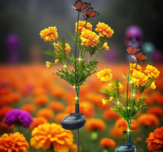 Solar Marigold Garden Lights, 2 Pack Solar Swaying Monarch Butterfly Lights with Flowers,Artificial Flower Lights for Halloween & Día de Los Muertos (Day of The Dead) Decorations