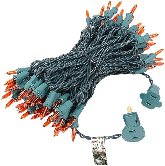 Novelty Lights 50 Feet 100 Bulbs Traditional Incandescent Mini Lights, Amber on Green Wire with 6" Spacing, Commercial Grade and UL Listed for Indoor/Outdoor Use, End-to-End Connectable