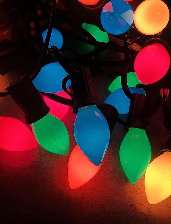C7 Vintage Christmas String Lights with 27 Multicolor Ceramic Bulbs, 25FT Hanging Outdoor & Indoor String Lights for Christmas Tree Patio Roofline Decoration (Green Wire)