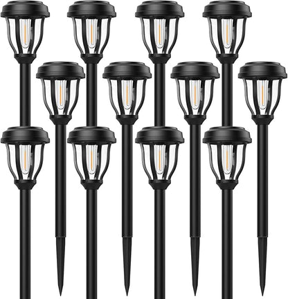 DERAYSION 8 Pack Stainless Steel Glass Solar Pathway Lights and 12 Pack Solar Lights Outdoor Bundle