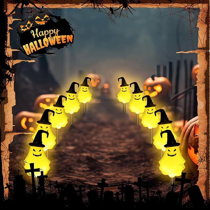 Threan 10 Pcs Halloween Pathway Light Decorations Solar Stake Lights LED White Light Decorative Solar Operated | Lumora