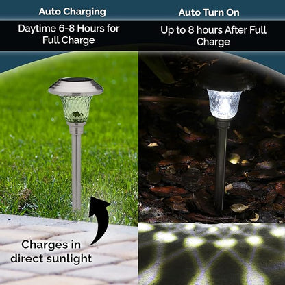 Morvat LED Solar Powered Outdoor Landscape Path Lights with Stainless Steel & Glass Lens, Up to 8 Hours Lighting for Garden Lawn Yard Walkway & Pathway, Waterproof, Dusk to Dawn, White Light, 8 Pack