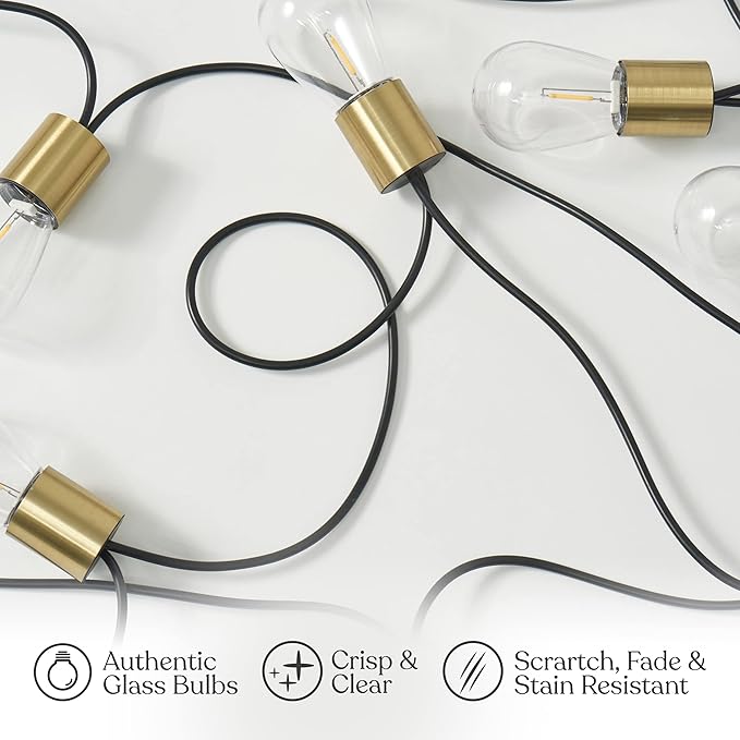 Brightech Glow Solar LED String Lights - Commercial Grade Waterproof Patio Lights with Beautiful Brass Accents - Shatterproof LED Solar Outdoor String Lights - 1W, Soft White Light - 27 Ft