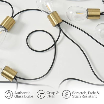 Brightech Glow Solar LED String Lights - Commercial Grade Waterproof Patio Lights with Beautiful Brass Accents - Shatterproof LED Solar Outdoor String Lights - 1W, Soft White Light - 27 Ft