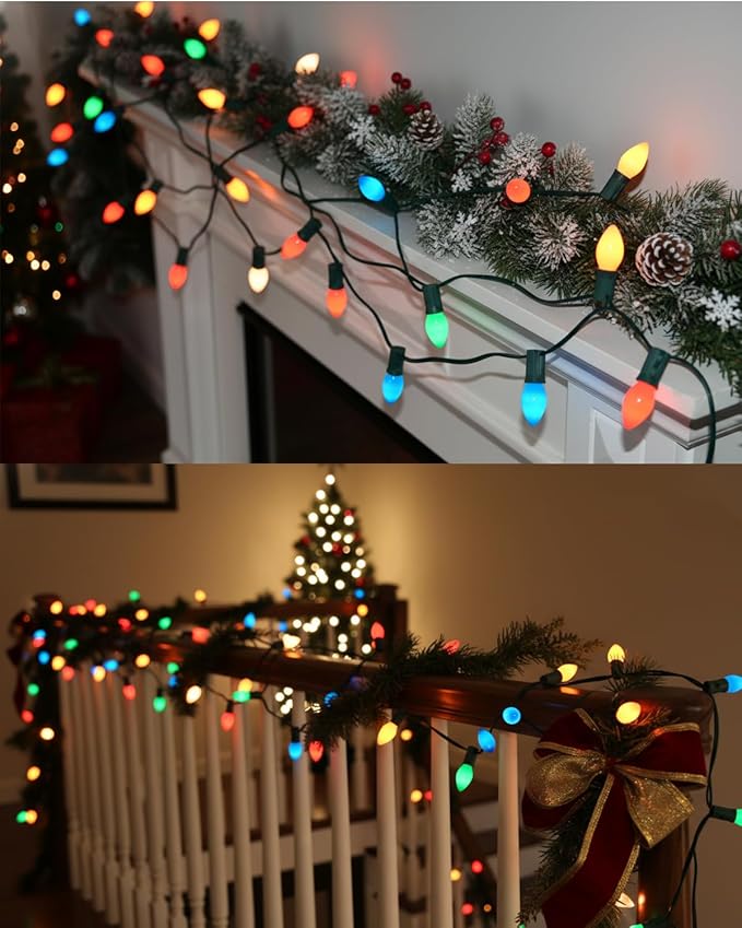 SUNSGNE 25Ft Multicolor Christmas Lights Outdoor, C7 Vintage Christmas String Lights with 27 Multicolor Ceramic Bulbs(2 Spare) for Holidays, Christmas Prom Party Wedding- Green Wire