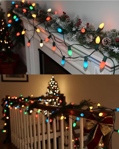 SUNSGNE 25Ft Multicolor Christmas Lights Outdoor, C7 Vintage Christmas String Lights with 27 Multicolor Ceramic Bulbs(2 Spare) for Holidays, Christmas Prom Party Wedding- Green Wire