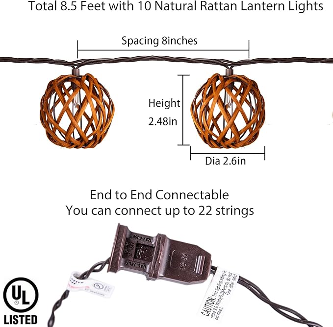 Outdoor Patio String Lights Plug in with 10 Incandescent Bulbs, Handwoven Natural Rattan Boho Decorative Lantern String Lights Connectable Weatherproof for Pergola, Porch, Mantel, Indoor Decor