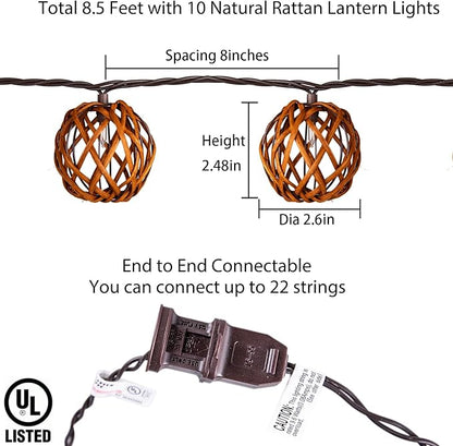 Outdoor Patio String Lights Plug in with 10 Incandescent Bulbs, Handwoven Natural Rattan Boho Decorative Lantern String Lights Connectable Weatherproof for Pergola, Porch, Mantel, Indoor Decor