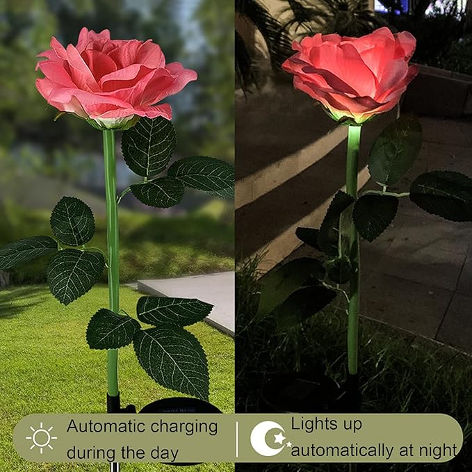 2Pcs Solar Flowers Lights Outdoor Waterproof Single Head Rose Flowers Stake Light Garden Landscape Lighting for Outdoor Yard Lawn Path Balcony Party Decoration