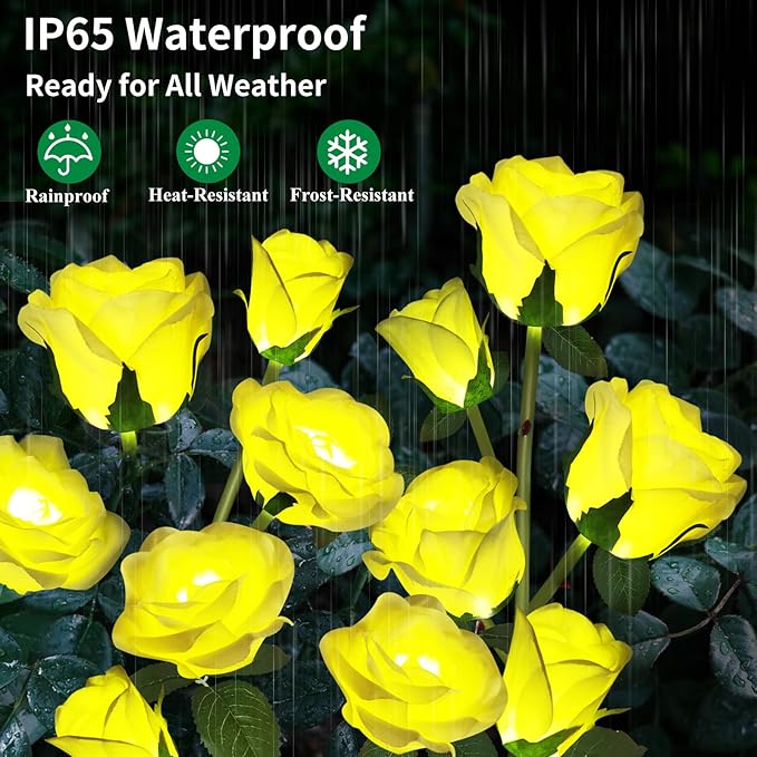 Solar Garden Flowers Lights, Solar Outdoor Lights with More Realistic 10 Rose Waterproof for Outside Patio Yard Pathway Decorations, 2 Pack Yellow