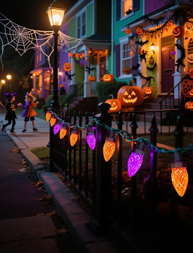 26FT Halloween String Lights Outdoor, 50 C7 LED Orange and Purple String Lights, Plug-in Halloween Patio Decorative Lights for Indoor Christmas Backary Porch House Holiday Party Decor