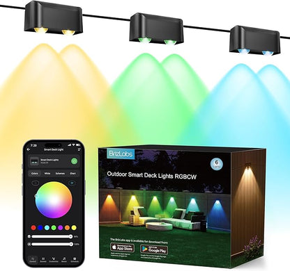 BrizLabs Smart Deck Lights, 6 Lamps RGBCW Outdoor Fence Lights Work with Alexa & Google Home, IP65 LED Patio Deck Lighting APP Controlled, Rainbow WiFi Fence Lighting Music Sync for Patio Yard Garden