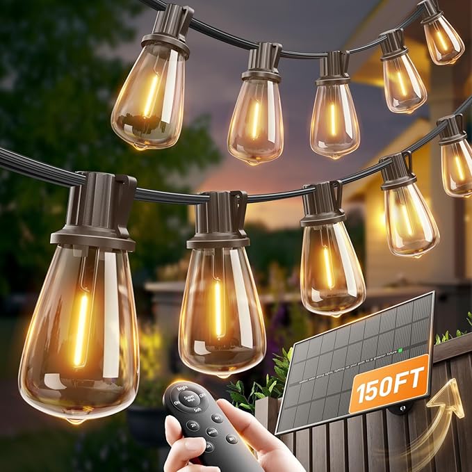 addlon 150FT(144+6) Solar String Lights Outdoor with Remote, Long-Lasting Waterproof Patio Lights, Dimmable & Timable Hanging Solar Light with 45 LED Bulbs for Outside, Yard, Garden, Camping, Gazebo