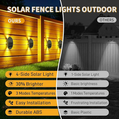 7" Solar Lights Fence Waterproof for Outdoor Deck & Wall, Patio, and Step Stairs | Warm White Pathway Lighting with 3 Bright Modes| Outside Decor Decorative UFO Four Way Lamps