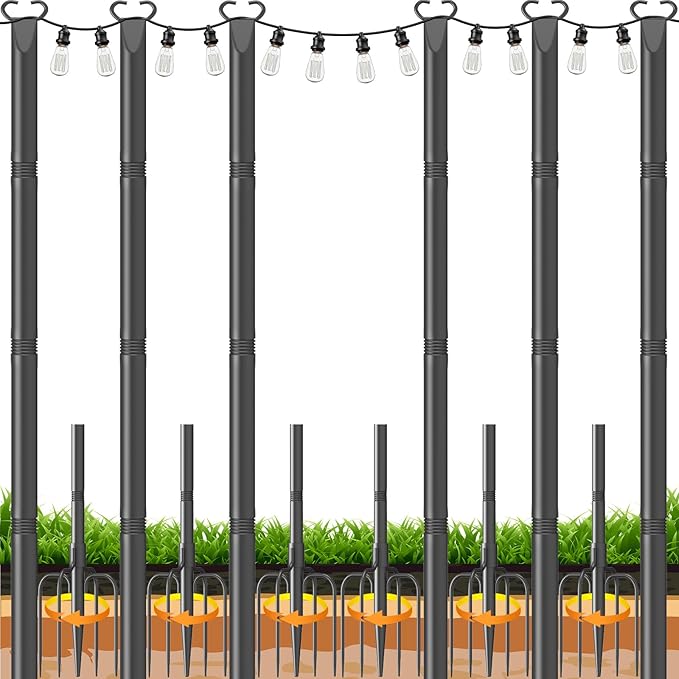 String Light Poles 6 Pack,Poles for Hanginig Outdoor String Lights with Fork and Fence Clamp | Lumora