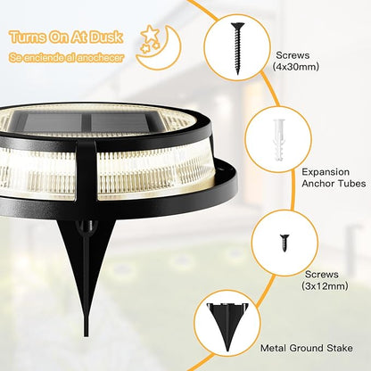 Solar Ground Lights, Outdoor Solar Deck Light, Flat Disc Lights, Waterproof Landscape Light for Garden Lawn Yard Fence Pathway - Durable Aluminum Frame with a Sturdy Metal Stake