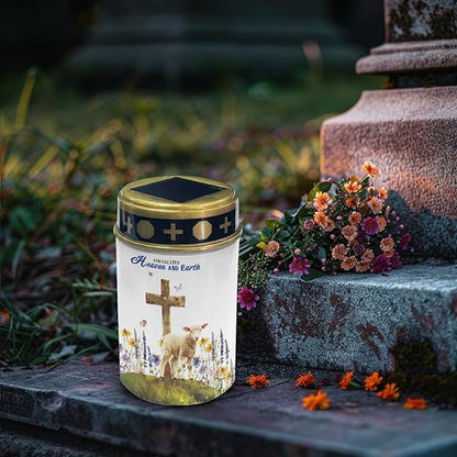 Cross and Earth Cemetery Lights for Grave,Solar Stake Lights Landscape Lighting Solar Lantern Flameless Lights Waterproof Garden Lights Cemetery Solar Lights Outdoor Lights-Warm White Lights