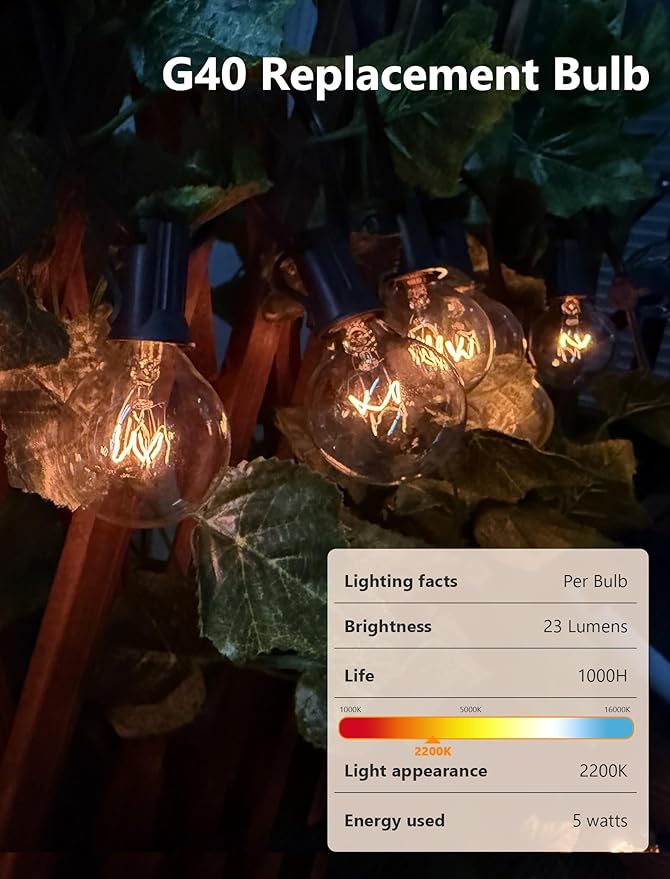 25Ft G40 Outdoor String Lights with 25 Clear Vintage Light Bulbs and 25 Pack G40 Replacement Light Bulbs, C7/E12 Screw Base, 5W Black Wire