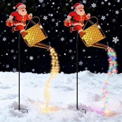 Christmas Santa Solar Kettle Lights, Waterproof Solar Watering Can with Cascading Lights, Garden Lawn Decorative Light, Hanging Metal Solars Santas Watering Can Led Light for Yard Pathway