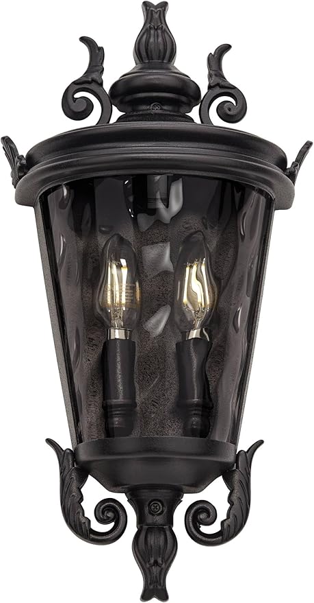 John Timberland Casa Marseille European Outdoor Wall Light Fixture Textured Black Scroll 17" Clear Hammered Glass | Lumora