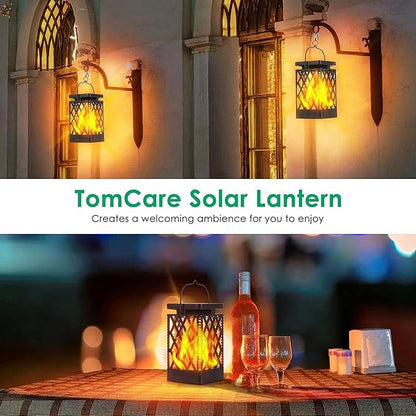 TomCare Solar Lights Outdoor Flickering Flame Solar Lantern Outdoor Hanging Lanterns Decorative Outdoor Lighting Solar Powered Waterproof LED Flame Lights for Patio Garden, 2 Pack(Black)