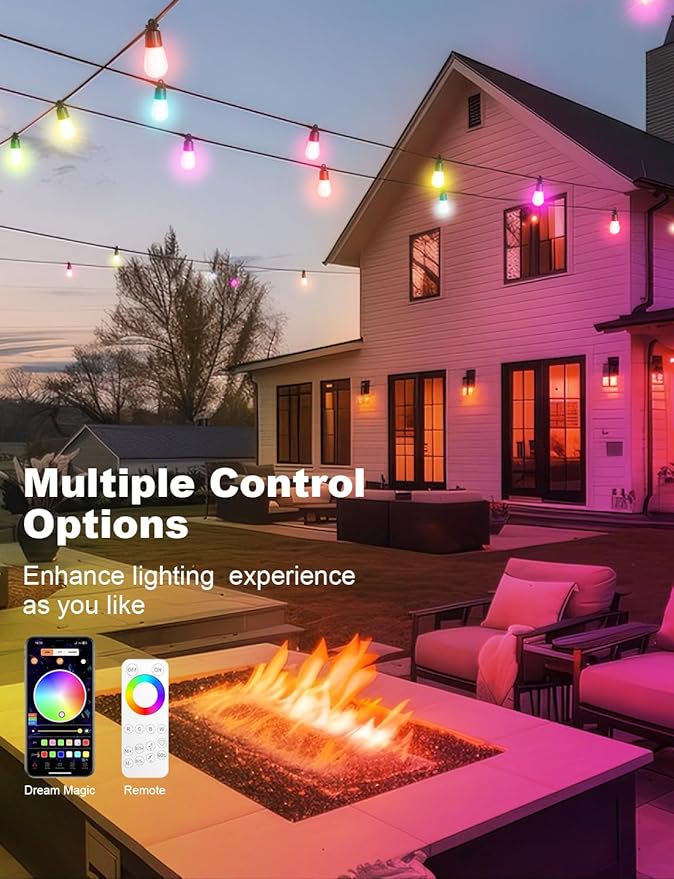 Outdoor String Lights APP Control with Remote, 118(98+12) ft RGB+IC+Warm White Outdoor Light 36 LED Bulbs, NOT Extendable, Music Sync for Garden Party Decor Christmas