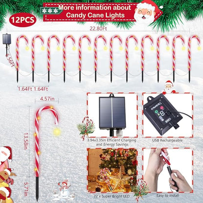 Candy Cane Christmas Lights, 12 Pack Waterproof Christmas Solar Candy Cane Lights with 8 Modes and Timer, 1200mah Solar Candy Canes Light Outdoor Decorations for Pathway, Yard, Patio, Garden