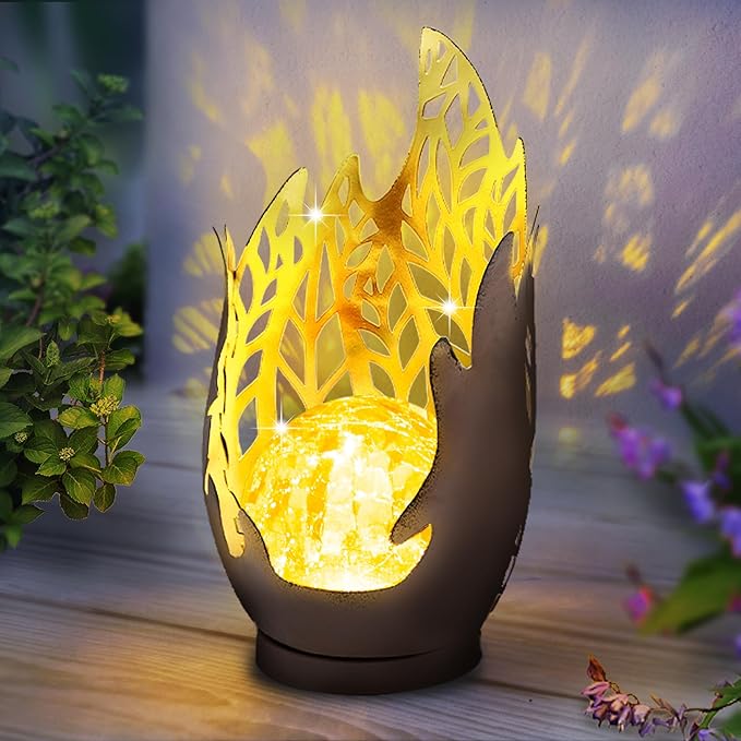 Huaxu Solar Lights Outdoor Decor Waterproof Metal Cracked Glass Globe with Copper Flame Effect, Table Decorations LED Lamp Gift for Garden Lovers Mom Women Patio Lawn Yard Pathway Outside