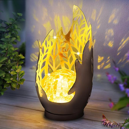 Huaxu Solar Lights Outdoor Decor Waterproof Metal Cracked Glass Globe with Copper Flame Effect, Table Decorations LED Lamp Gift for Garden Lovers Mom Women Patio Lawn Yard Pathway Outside