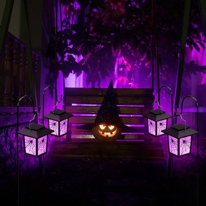 4 Pack Halloween Solar Lights 4.7 Inch Spider Purple Solar Pathway Lights Halloween Decorations with 24 Inch Shepherd Hooks Landscape Lighting Waterproof LED for Garden Yard Walkway Driveway Outdoor