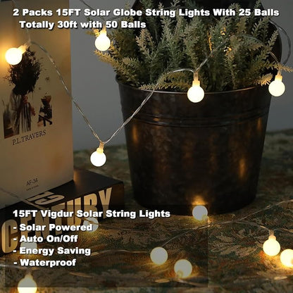 Vigdur Solar String Lights Outdoor, 2 Packs 15ft Globe String Lights with 50 Globes Bulbs, IP65 Waterproof Solar Powered Patio Lights for Garden Yard Porch Wedding Party Decor
