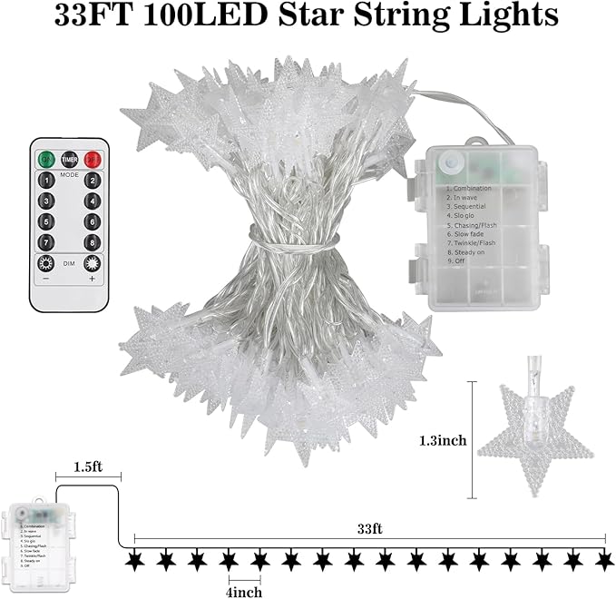 Star String Lights, 33ft 100 LED 8 Modes Star Fairy Lights Battery Operated Waterproof Indoor Outdoor for Bedroom Patio Party Wedding Tent Loft Bed Xmas Tree Decor, Multicolor