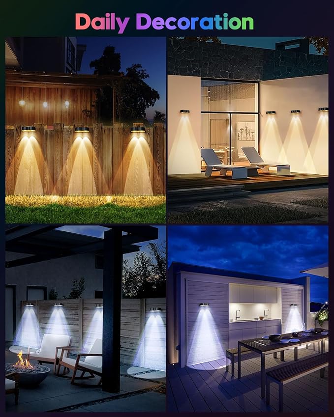 Upgraded Solar Fence Lights Outdoor 8 Pack with Spot Lensed, Warm White, Cold White & RGB 8 Fixed Colors Bright Fence Lights, Waterproof Color Glow Lights for Fence Wall Step Deck Railing Patio