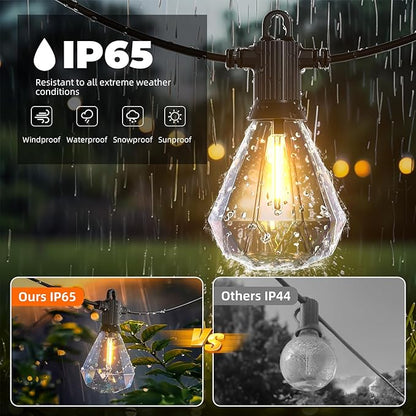 Kawaya Outdoor String Lights 97 FT LED Patio With 48+1 Shatterproof Unique Diamond Edison Bulbs 2700K Dimmable IP65 Waterproof for Yard Porch Deck Balcony Bistro Cafe