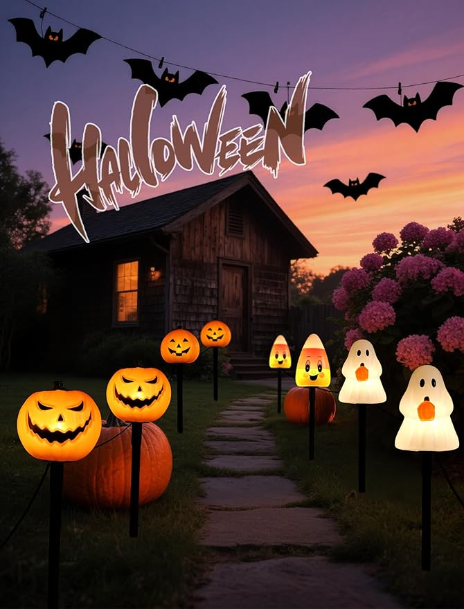 Classic Halloween Charm: 5 Pack UL-Listed Pumpkin Pathway Lights,Warm & Steady Plug-in Jack o' Lanterns,Weatherproof Outdoor Decor Stakes for a Safe, Nostalgic Trick-or-Treat Yard