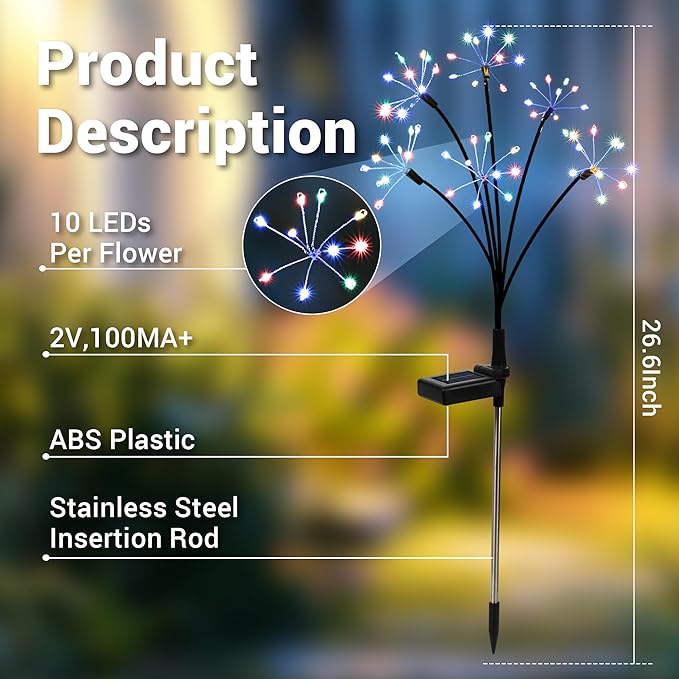 Solar Garden Decor Lights Outdoor, Solar Powered Lights Waterproof for Yard Patio Porch Flowerbed, Fairy Gardening Supplies Gifts Firwork(4 Pack Multi-Colored)