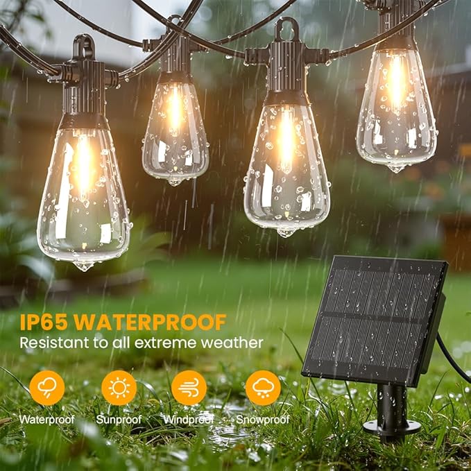 50FT Solar String Lights Outdoor Waterproof IP65 with USB-Charging , Solar Powered LED Patio Lights with 25+2 | Lumora