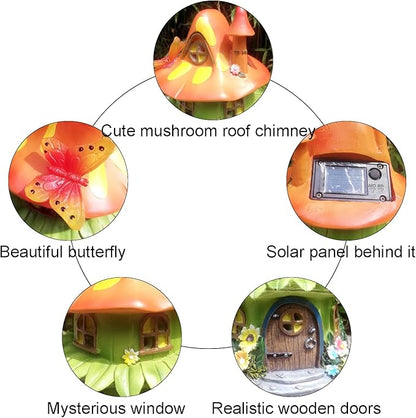 Solar Garden Figurine Lights, Large Resin Mushroom House Decorative Statue Waterproof Outside Ornament for Patio Yard Lawn Balcony (Orange)