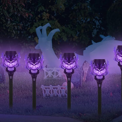 Solar Halloween Decorations Outdoor, 8 Pack Spooky Skulls Solar Torch Flame Lights, Waterproof Pathway Halloween Lights for Garden, Yard, Lawn, Porch, Landscape Decor, Purple